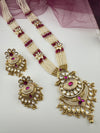 Rajwadi Kundan Enamel Pearls Long Gold Necklace Set, Indian Bridal Rani Haar