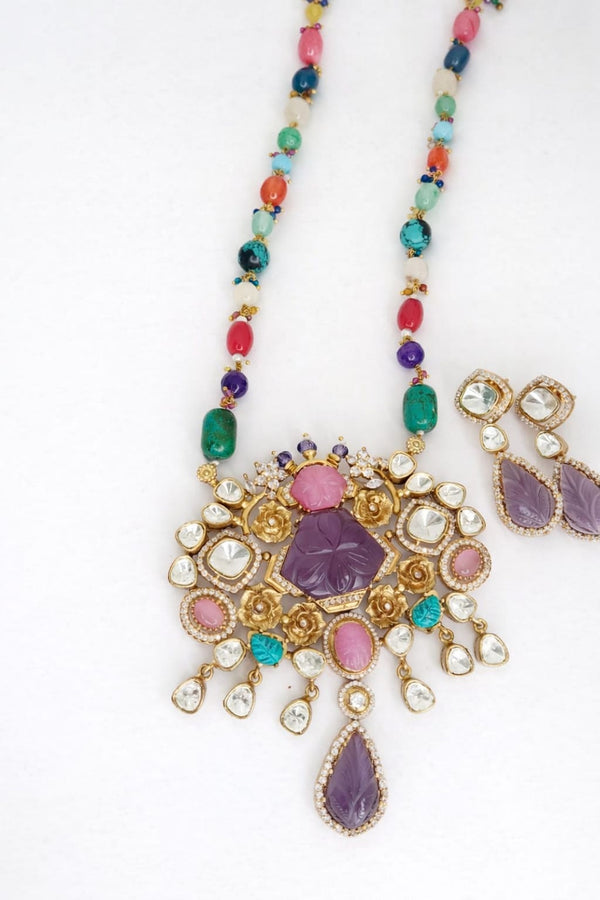 Multicolor Navratan, Kundan, Gold long necklace set, Rani Haar, Indian Bridal Jewelry