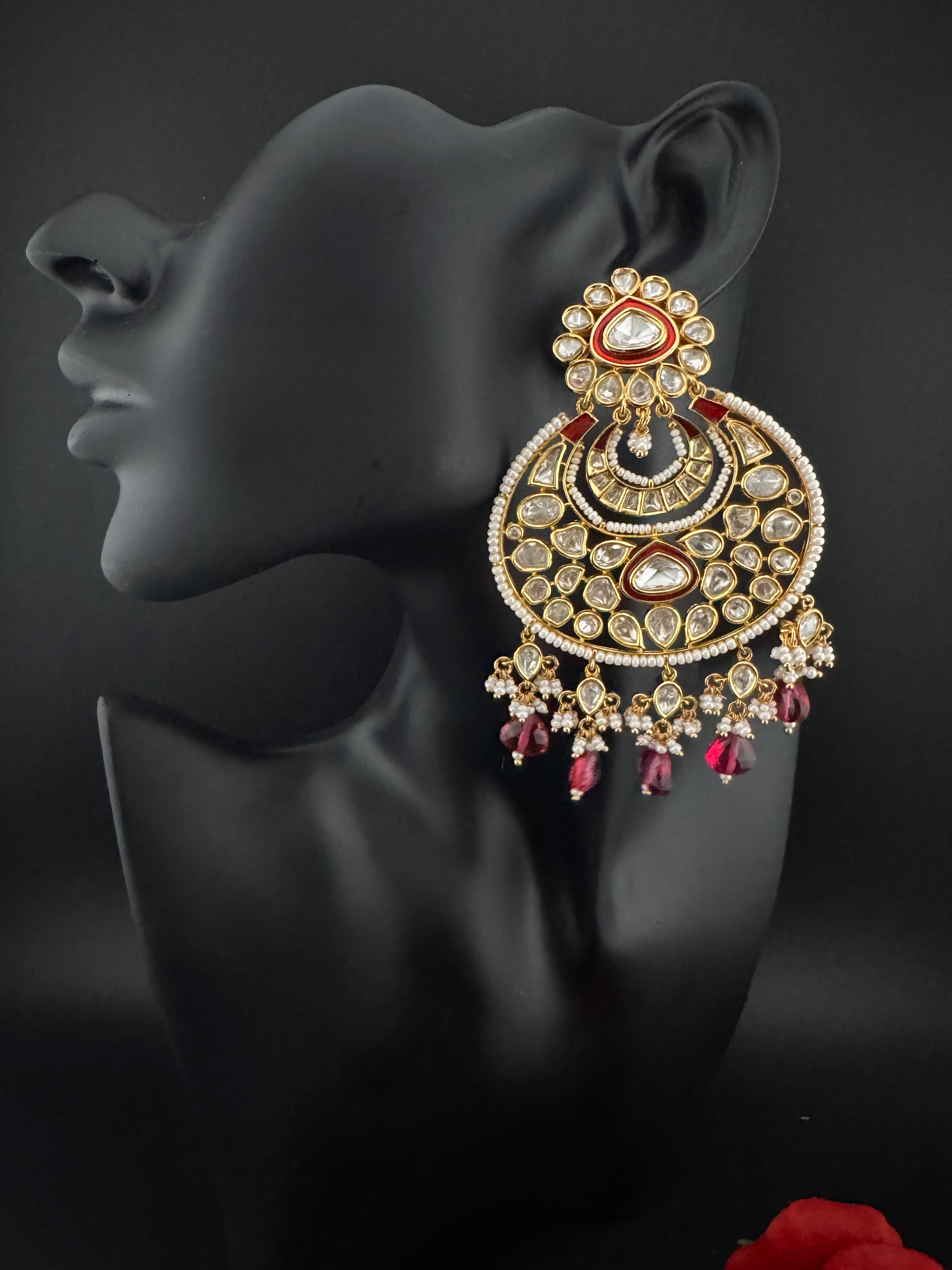 Red and Gold Kundan Chandelier Earrinngs, High shine Bridal Moissanite CZ, Shiney Gold Designer