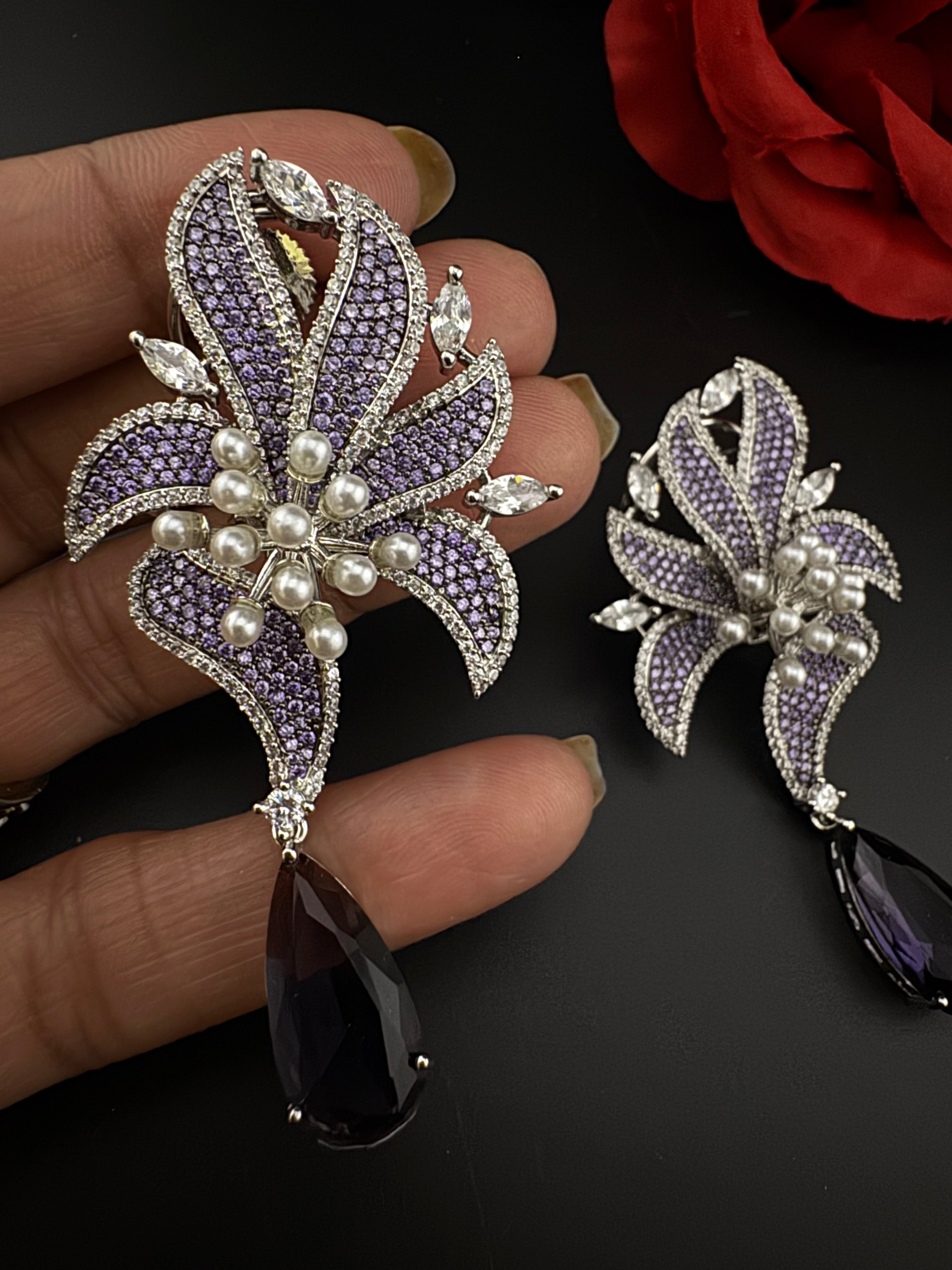 Premium Nano Setting Cubic Zirconia Pearl Oversized Studs earrings in leaf shape, stylish, designer Statement Big earring/Bridal Bridesmaid