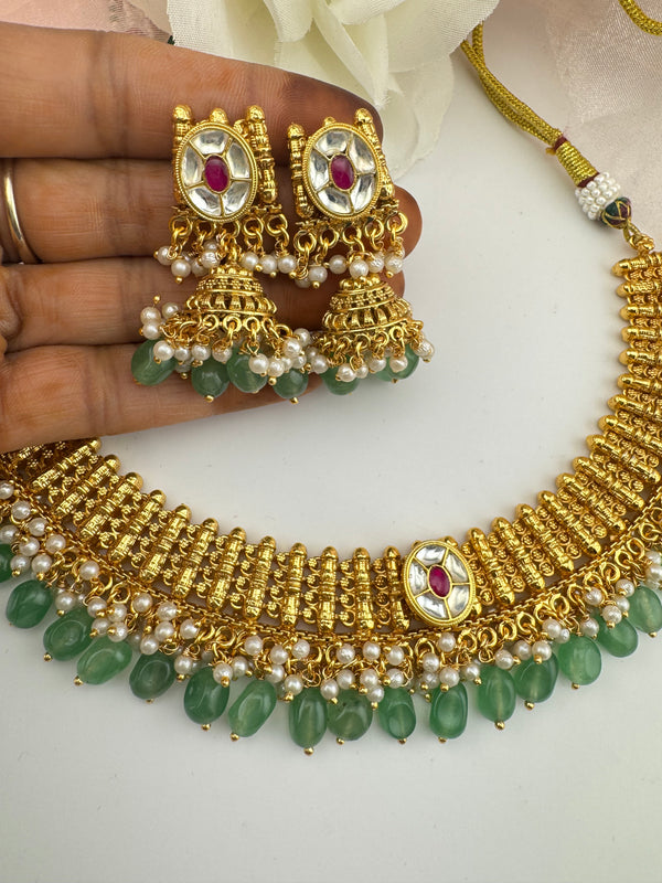 Rajwadi Gold necklace set with jhumka, in kundan and pearls, Indian Bridal Jewelry set