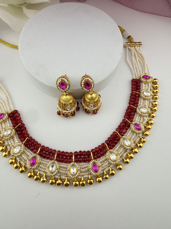 Rajwadi kundan Pearls Gold necklace set with jhumka, Indian Bridal Jewelry set
