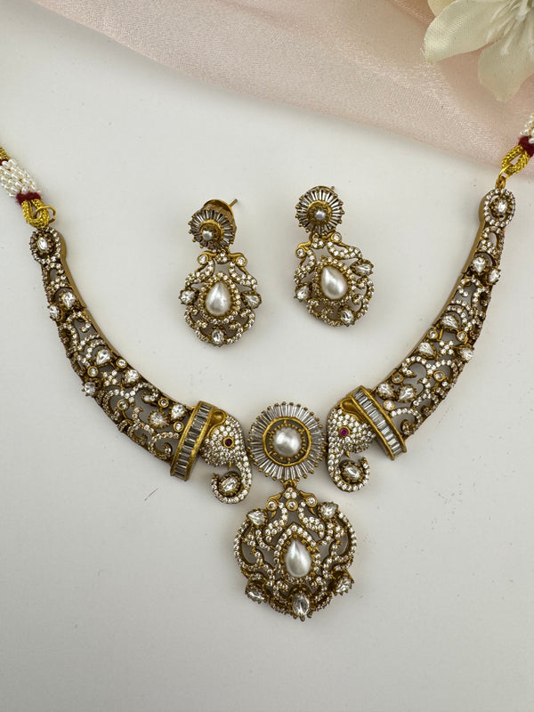 Kundan, CZ, Pearl Gold Plated necklace set, Indian Bridal Jewelry set