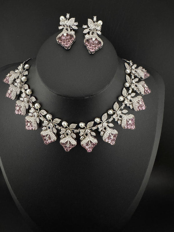 CZ Diamond Statement sleek Necklace Set, White Gold Plated Choker, 3D nature inspired
