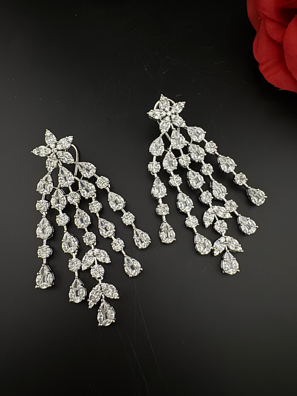Premium Cubic Zirconia Chandelier earrings is designer Inspired, Statement Long earring, Bridal, Party, Wedding jewelry, Indian Chic Shiny
