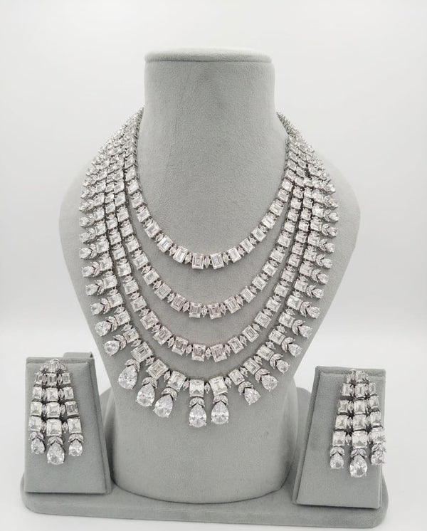 Swarovski Crystals and CZ Diamond multi Layer Necklace Set, White Gold Plated set