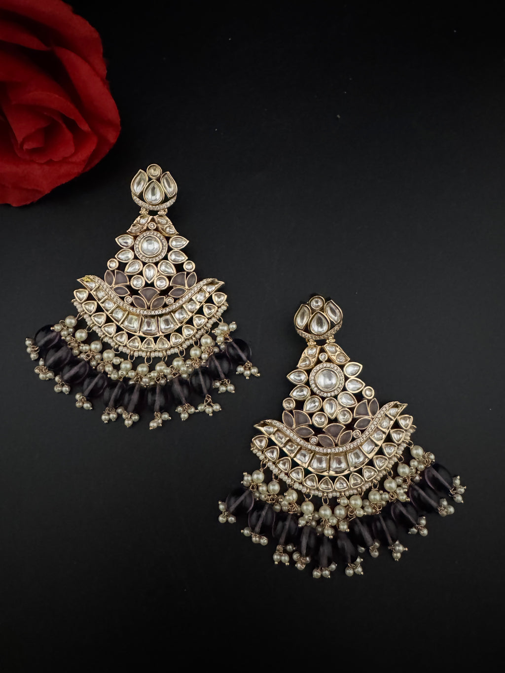Purple and Gold Kundan Chandelier Earrinngs, High shine Bridal Moissanite CZ, Shiney Gold Designer