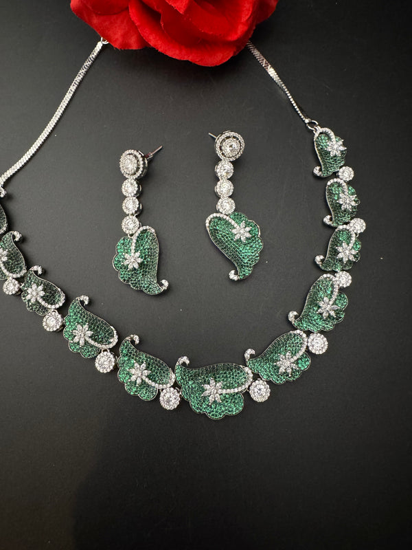 Nano Setting CZ Diamond Statement Green Necklace Set, White Gold Plated Choker, nature inspired
