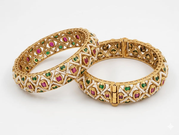 Pearls, Pachi Kundan, Openable Bracelet Bangle set of 2, Gold Polish
