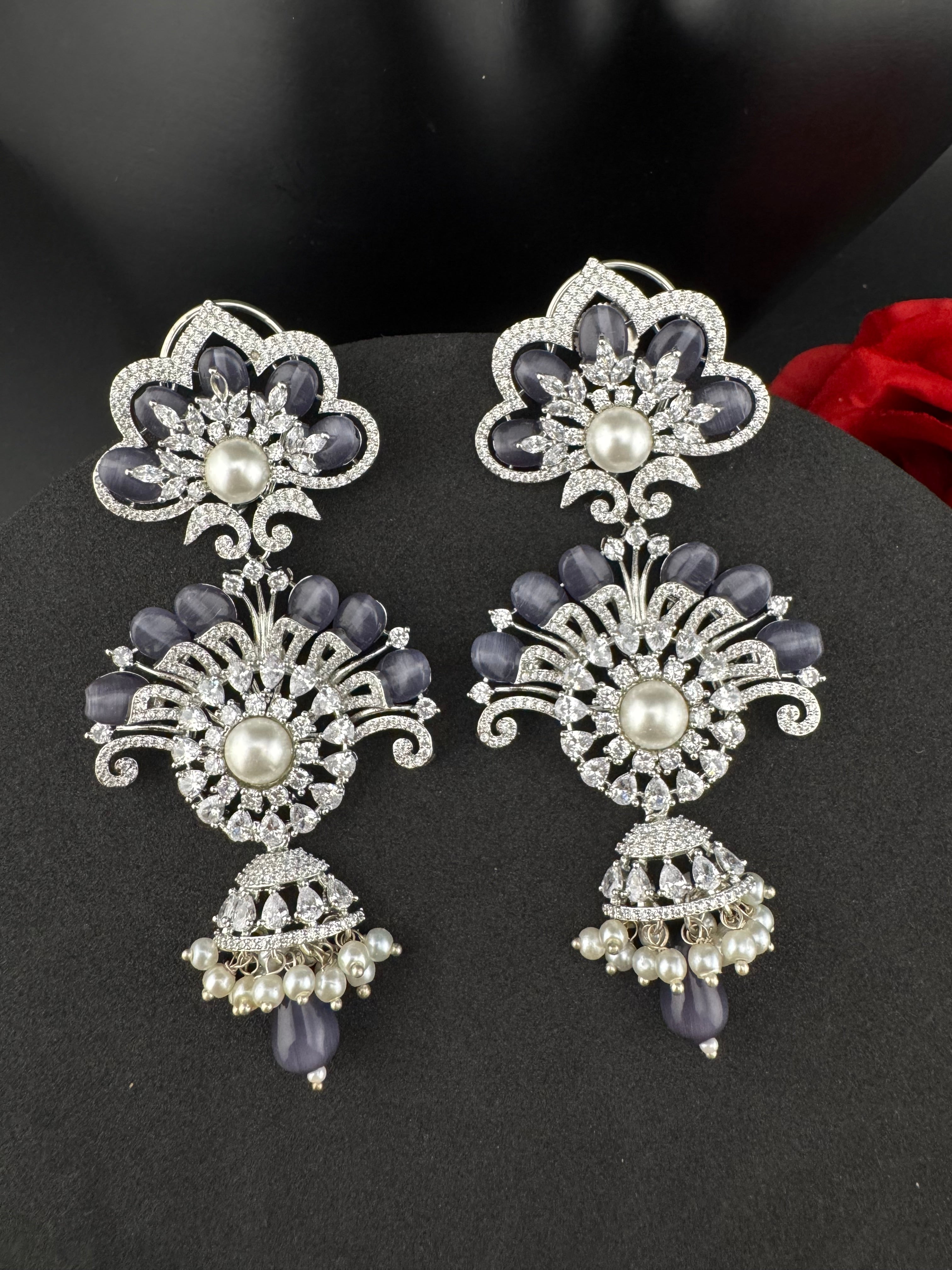 Premium Cubic Zirconia Pearl Chandelier Long earrings is designer Inspired, Statement Long Big earring, Bridal, Party, Wedding jewelry,