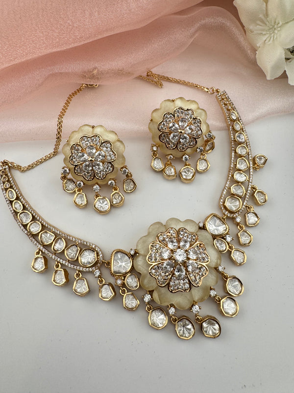 Kundan, Moissanite, MOP, CZ Flexible Gold necklace set, Indian Bridal Jewelry