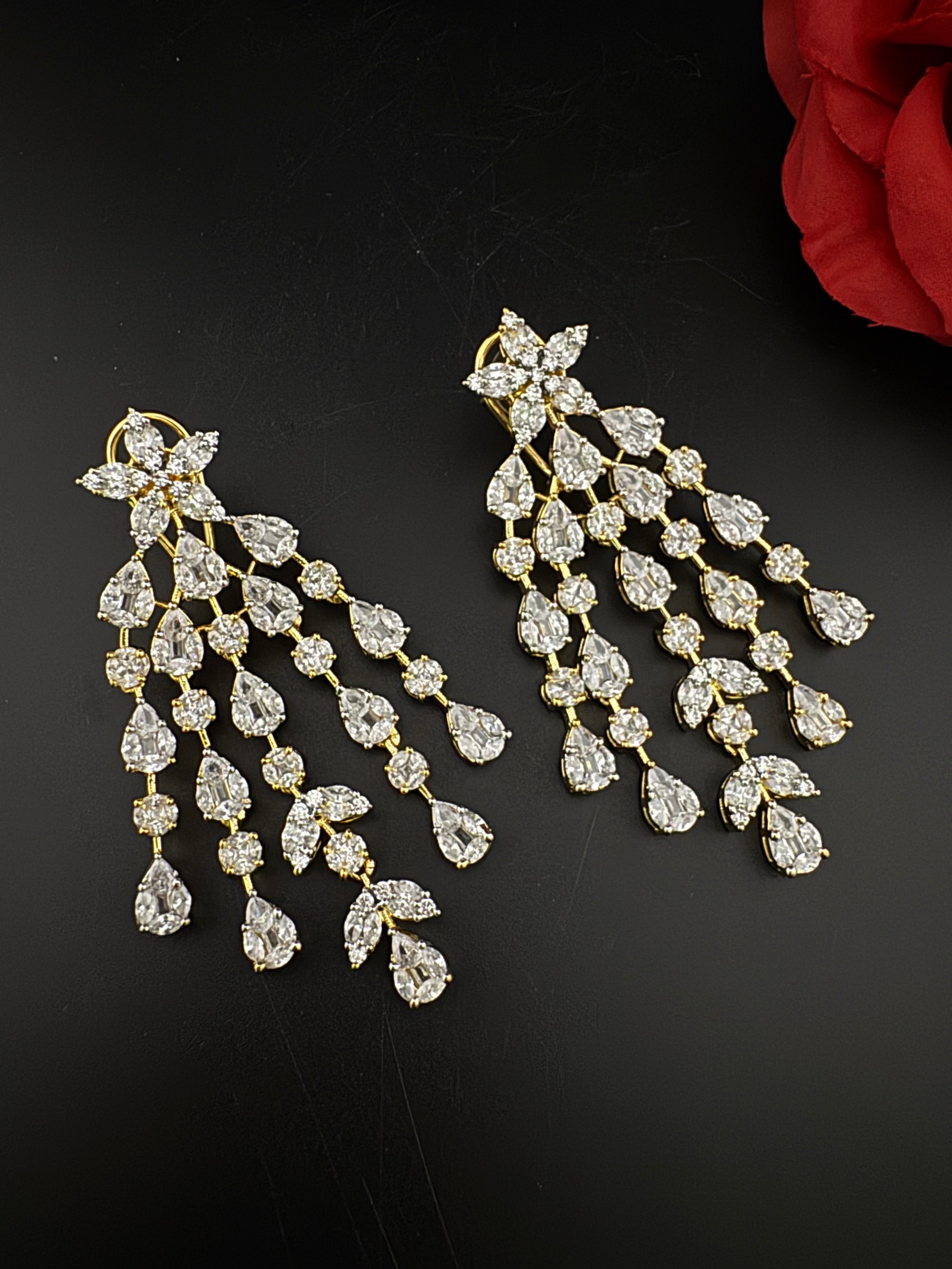 Premium Cubic Zirconia Chandelier earrings is designer Inspired, Statement Long earring, Bridal, Party, Wedding jewelry, Indian Chic Shiny