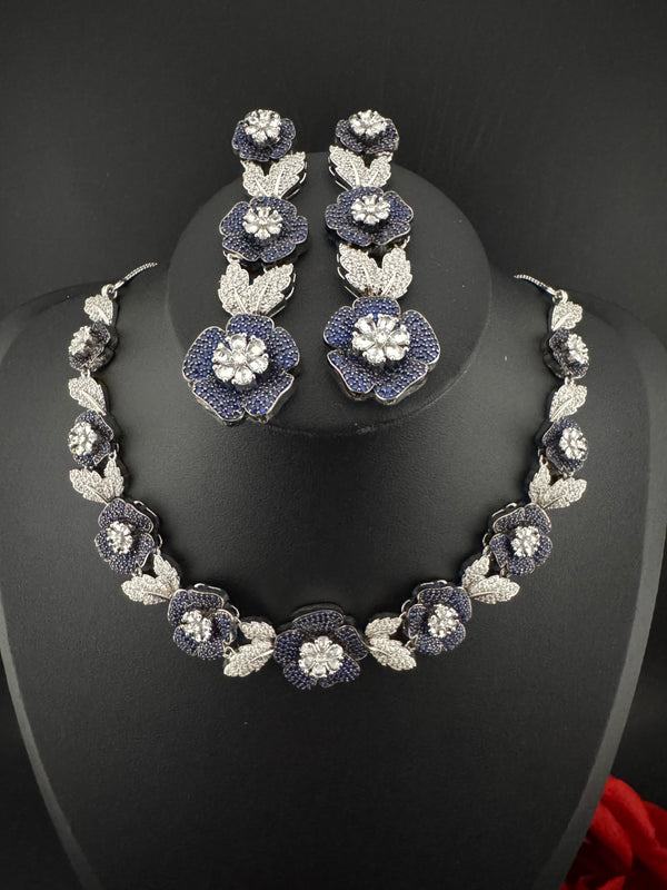 Nano Setting CZ Diamond Statement Necklace Set, White Gold Plated Choker set, nature inspired