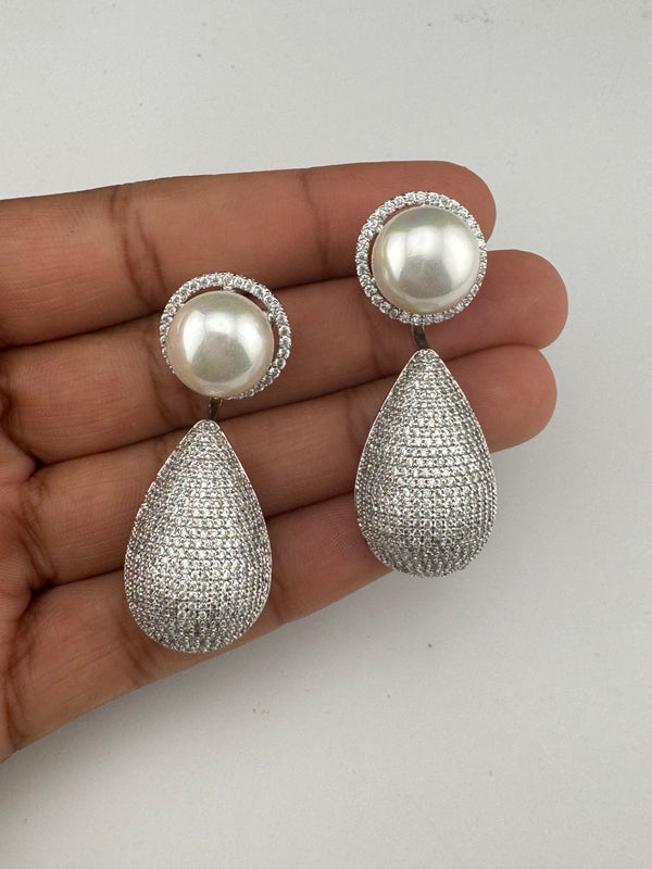Pearl, Cubic Zirconia, Diamond nano setting, Silver 2 in 1 Dangle earrings, Indian Jewelry