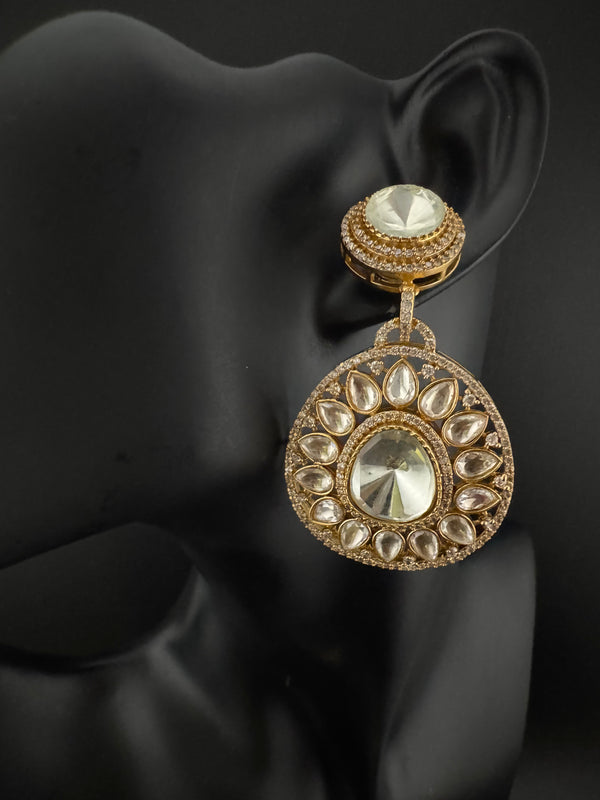 Golden Kundan, CZ, Chandbali Earrings, High shine, Bridal, Moissanite, Designer jewelry
