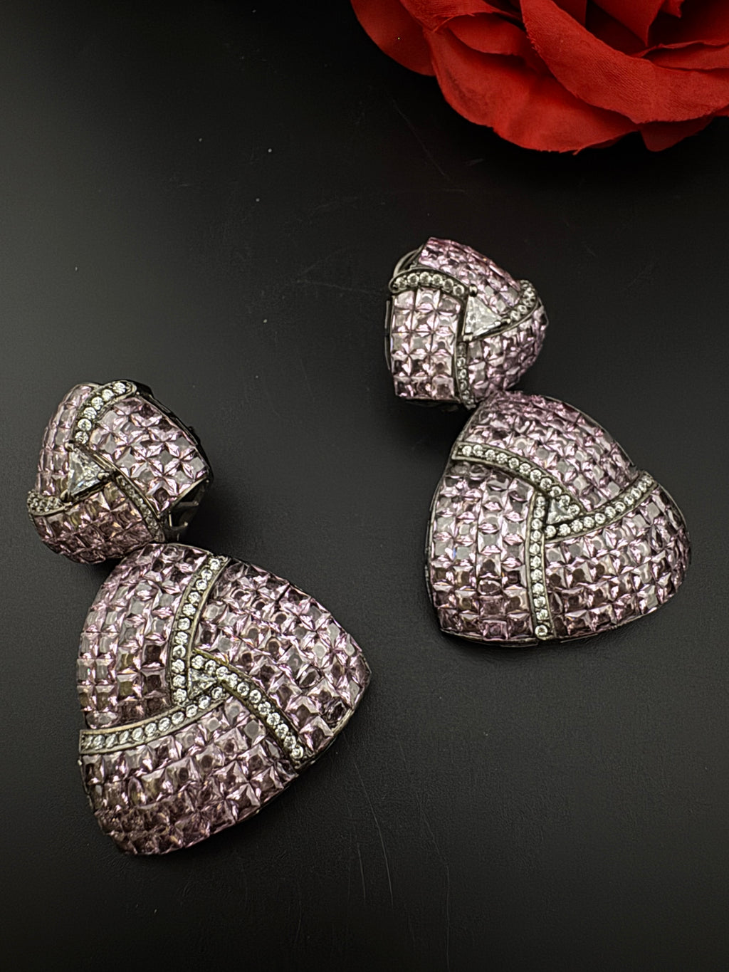 Premium Nano Setting Cubic Zirconia, Lavender Crystal stones in Unique setting is Victorian stylish designer Inspired Statement long earring