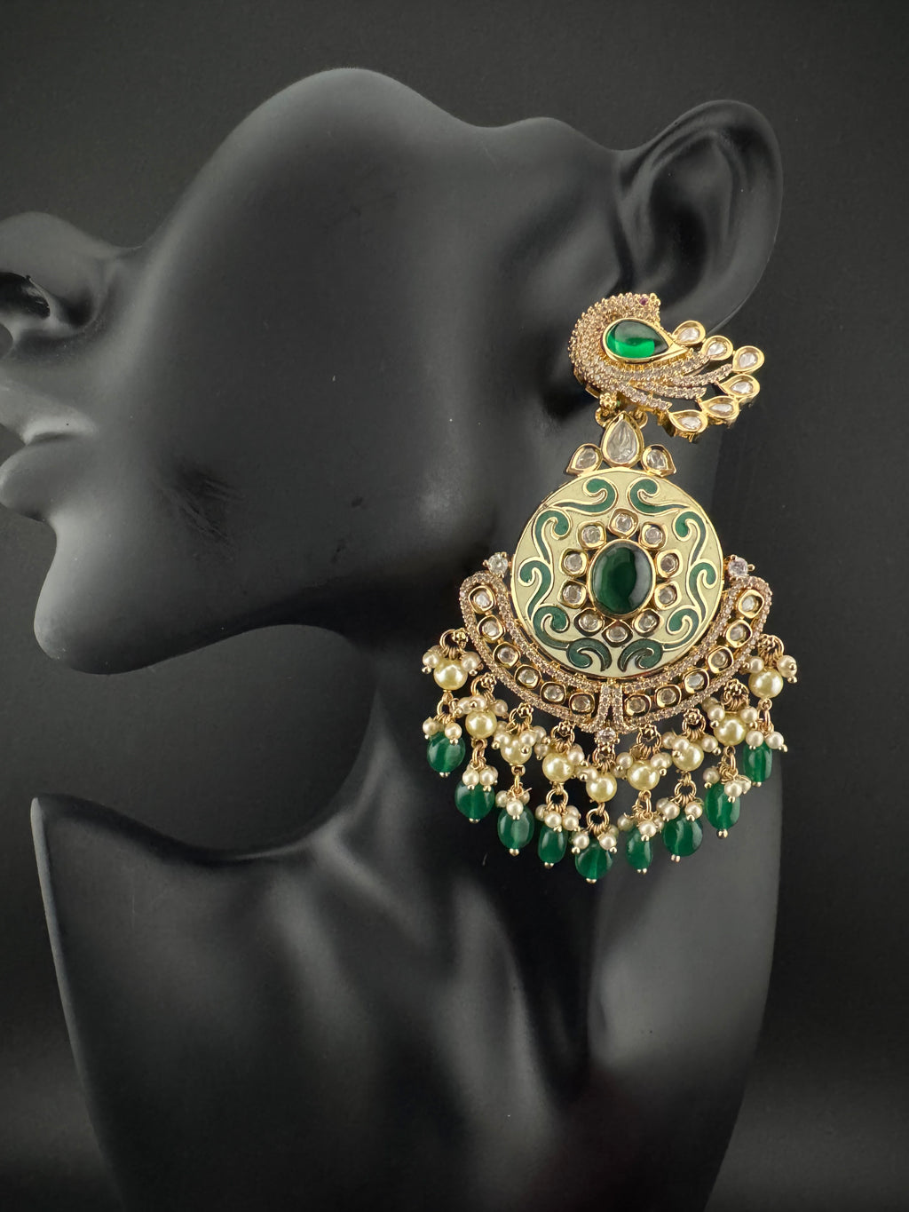 Enamel and Gold Kundan Chandelier Long Earrings, High shine Bridal Moissanite CZ, Designer Earrings