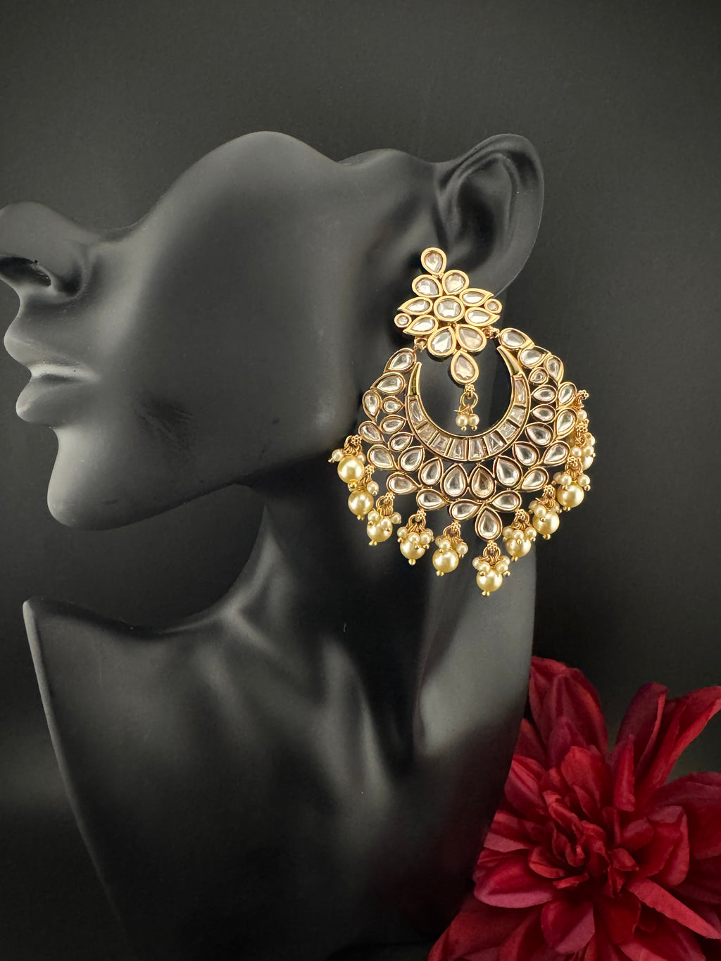 White and Gold Kundan, Pearls Chandelier Earrings, High shine Bridal, Moissanite ,CZ, Designer jewelry