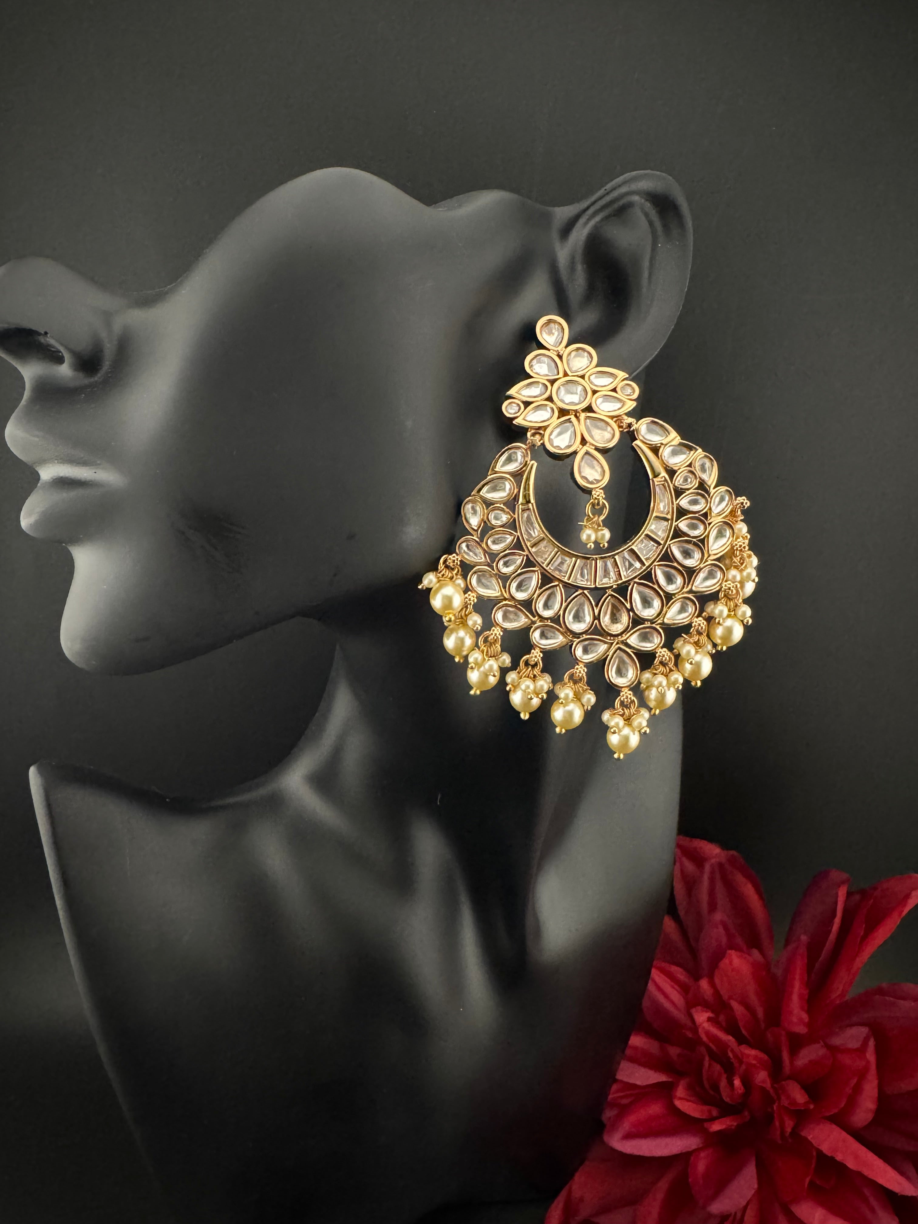 White and Gold Kundan, Pearls Chandelier Earrings, High shine Bridal, Moissanite ,CZ, Designer jewelry