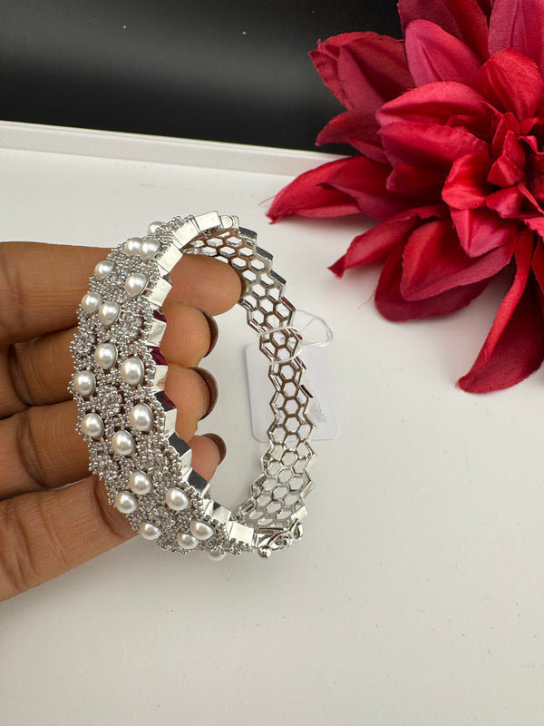 Openable Designer bracelet with Pearls, crystal stones, CZ Nano setting, Fits size upto 2.6"