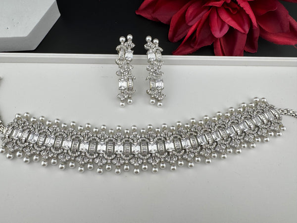 Step cut Crystals and CZ Diamond Statement Necklace Set, White Gold Plated Choker set