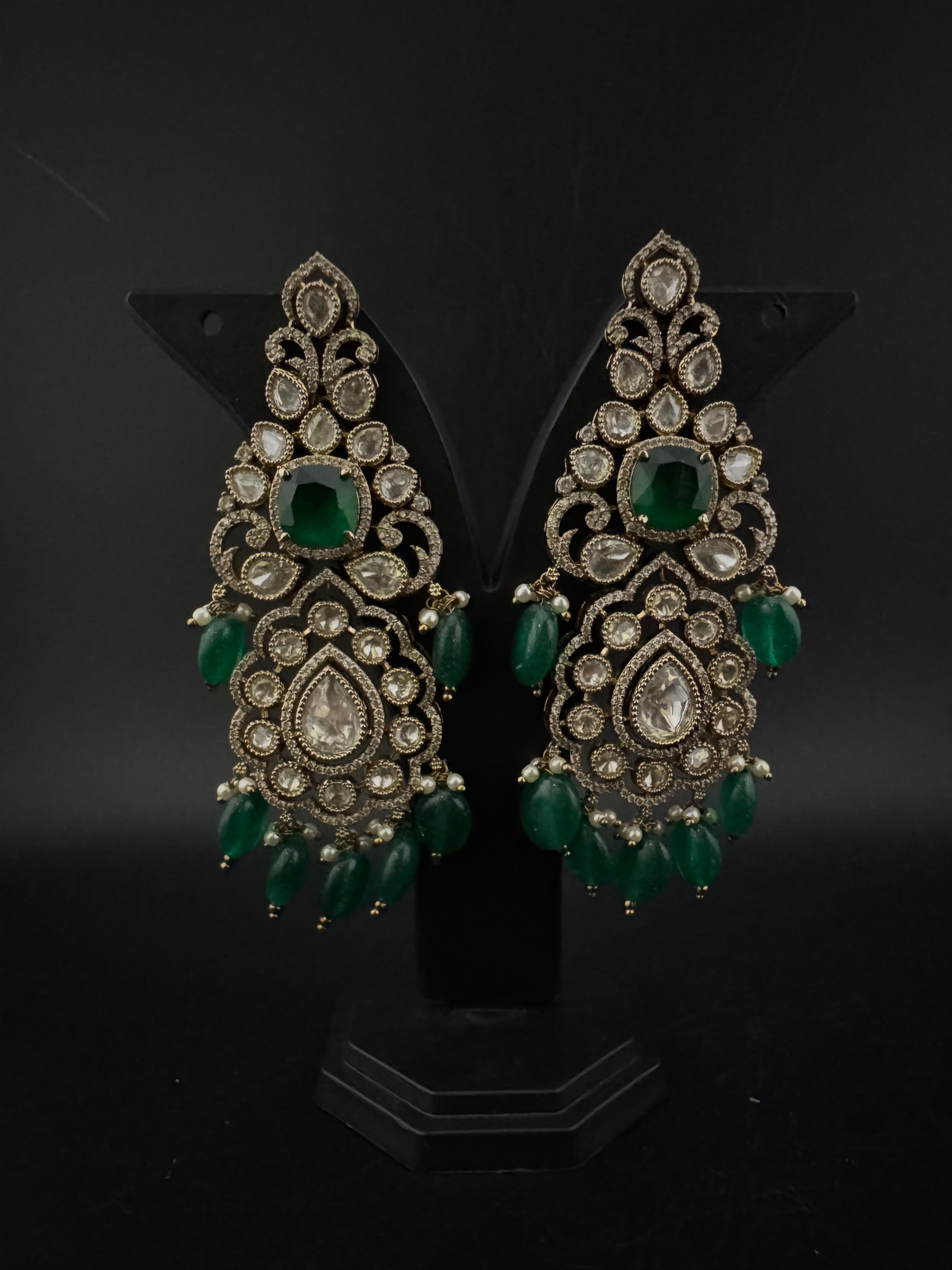 Green and Gold Kundan, Pearls Chandelier Long Earrings, Bridal, Moissanite, CZ, Designer jewelry