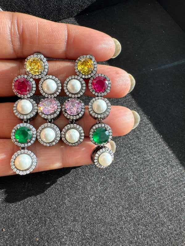 Crystal Stone, pearls dangle, Victorian Earrings, Cubic Zirconia, AD, CZ, Indian Jewelry