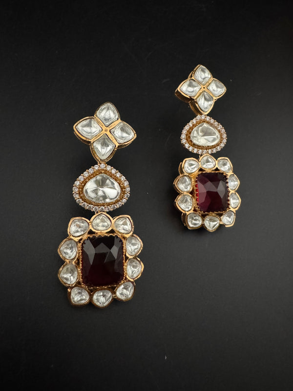 Red and Gold Kundan, Stone Chandelier Drop Earrings, Bridal, Moissanite, CZ, Designer jewelry