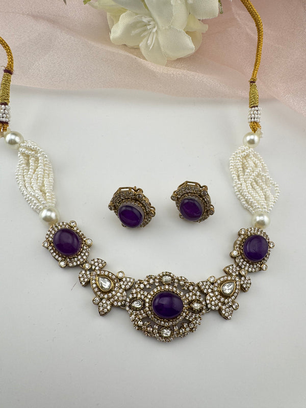 Moissanite Kundan, Pearls, CZ, Stones Choker necklace set, Indian Bridal Jewelry, chic set