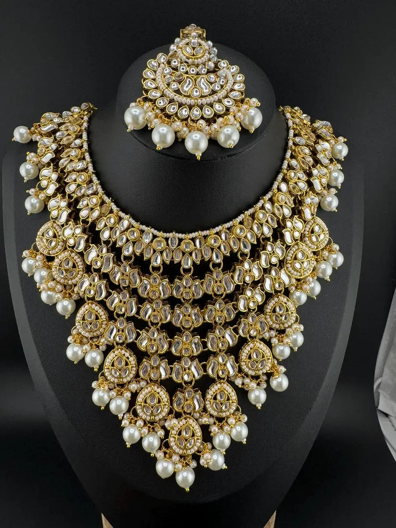 Kundan Heavy Bridal Necklace Set with Jhumka and Tikka