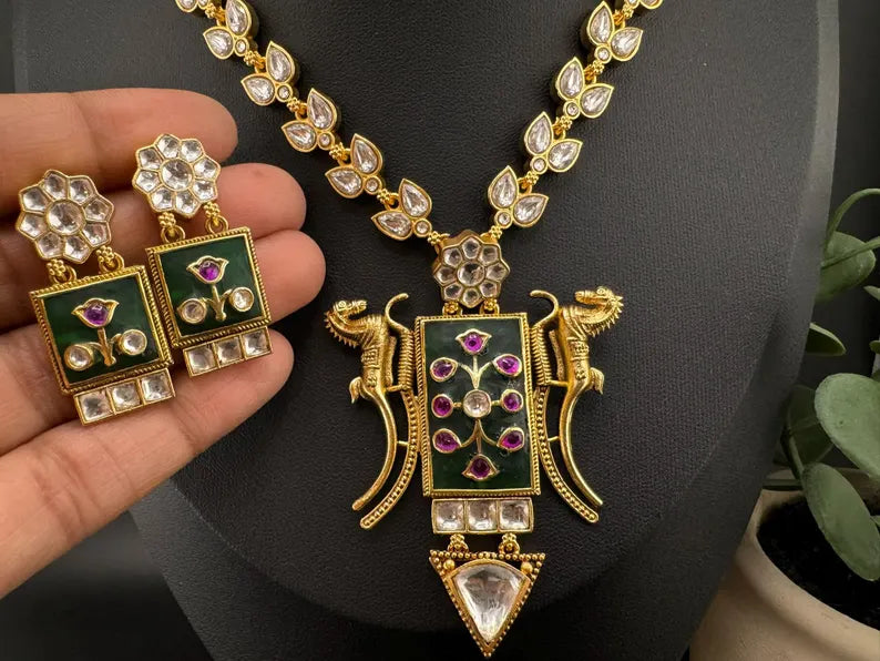 Green Amrapali Inspired, Premium Quality Inlay work on natural stone long Necklace