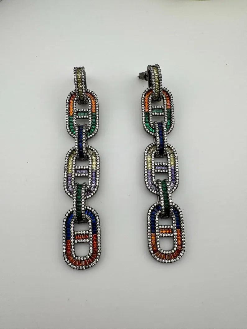 Unique Nano Setting Cubic Zirconia Multicolor Long Earrings