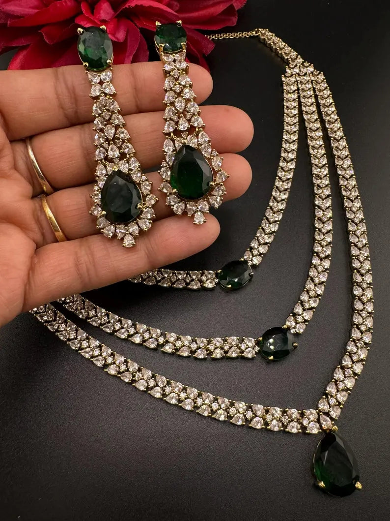 Victorian 3 layer Green Necklace set with long earrings