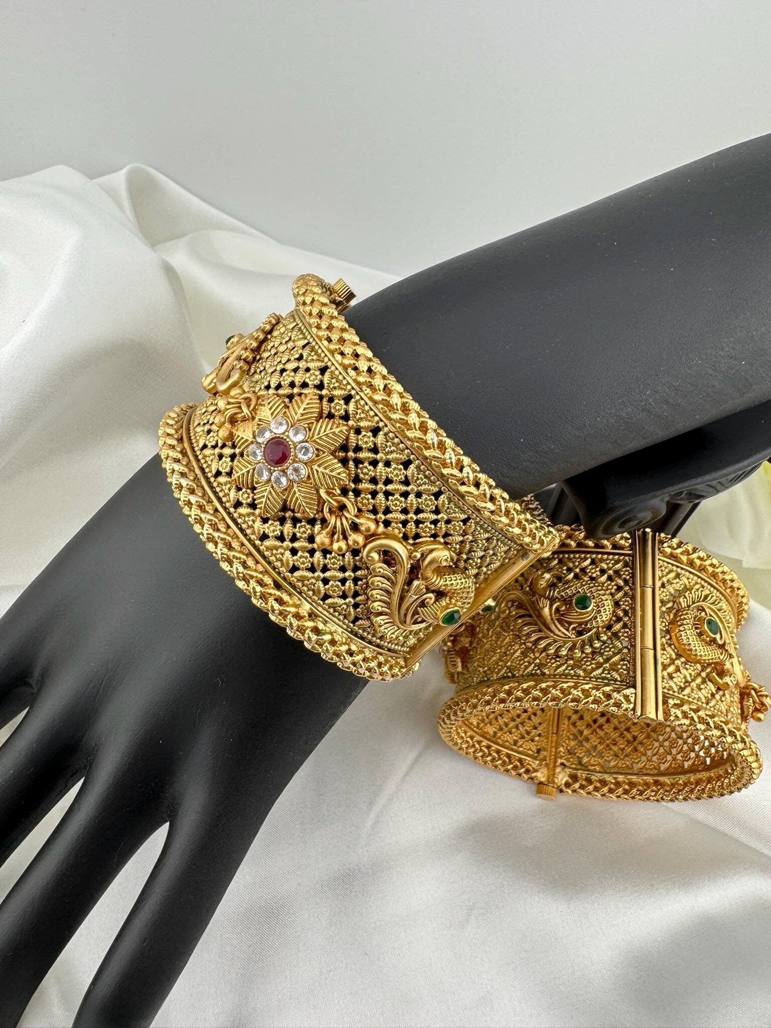 Amrapali inspired Designer bangles set, Openable Matt Gold Broad bangle set size-2.4"