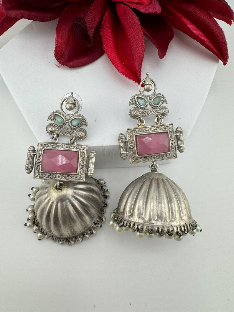 Oversized Oxidized German Silver Premium Jhumka earrings with Pink Monalisa stone