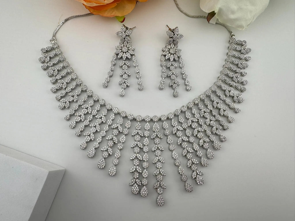 Premium American Diamond, Cubic Zirconia Bridal Collar Necklace with long earrings
