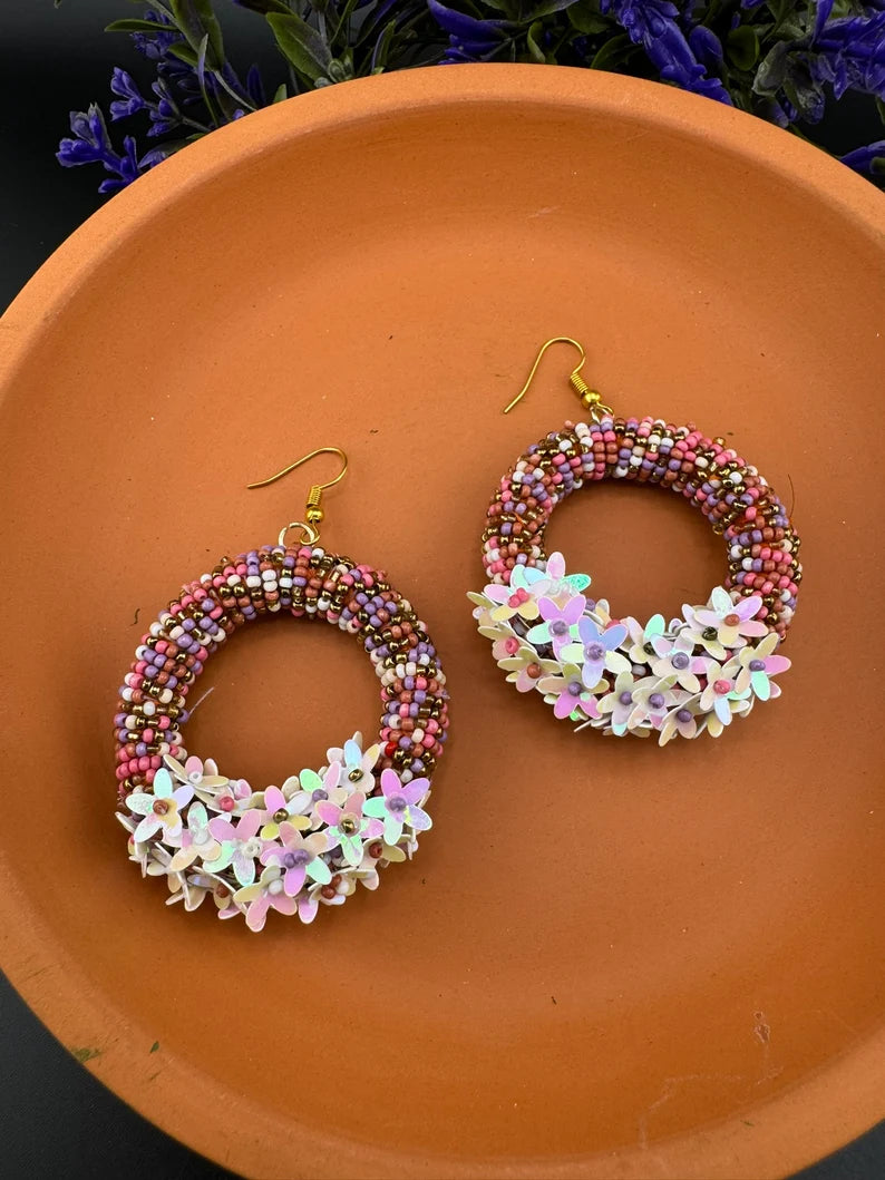 Beaded multicolor flower hoop Quirky earring, Handmade earring