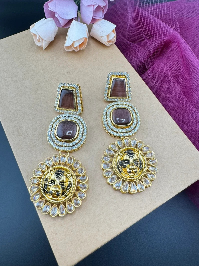 Premium Sabyasachi inspired designer Chand Bali earring Wine Brown color, Long Chandelier earring