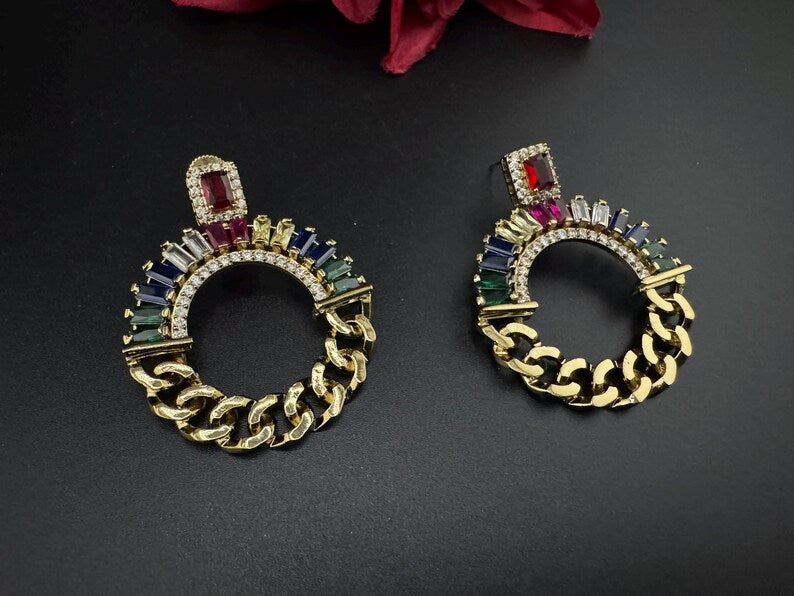 Premium earrings in Gold Chain design, with multicolor glass crystals