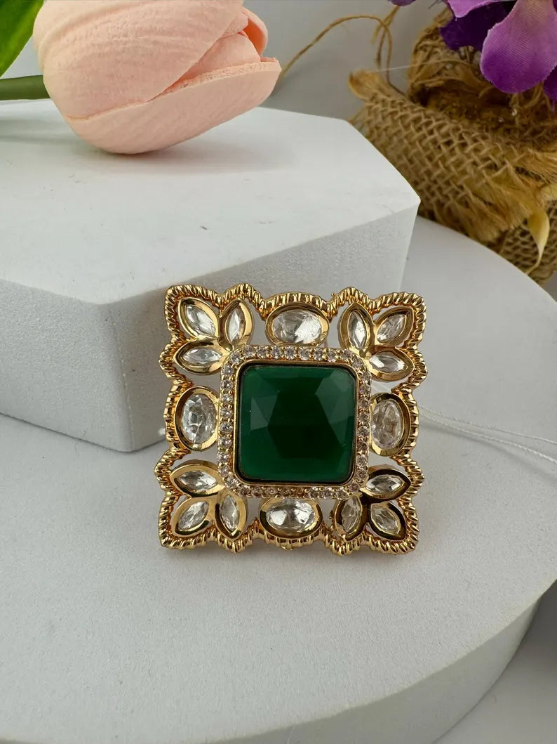 Moissanite Kundan and Green Stone Adjustable Square Finger Ring, Tyaani inspired