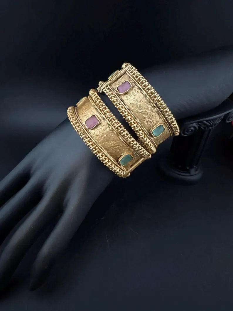 Amrapali inspired Designer Openable Broad bangle in Matt Gold finish set of 2