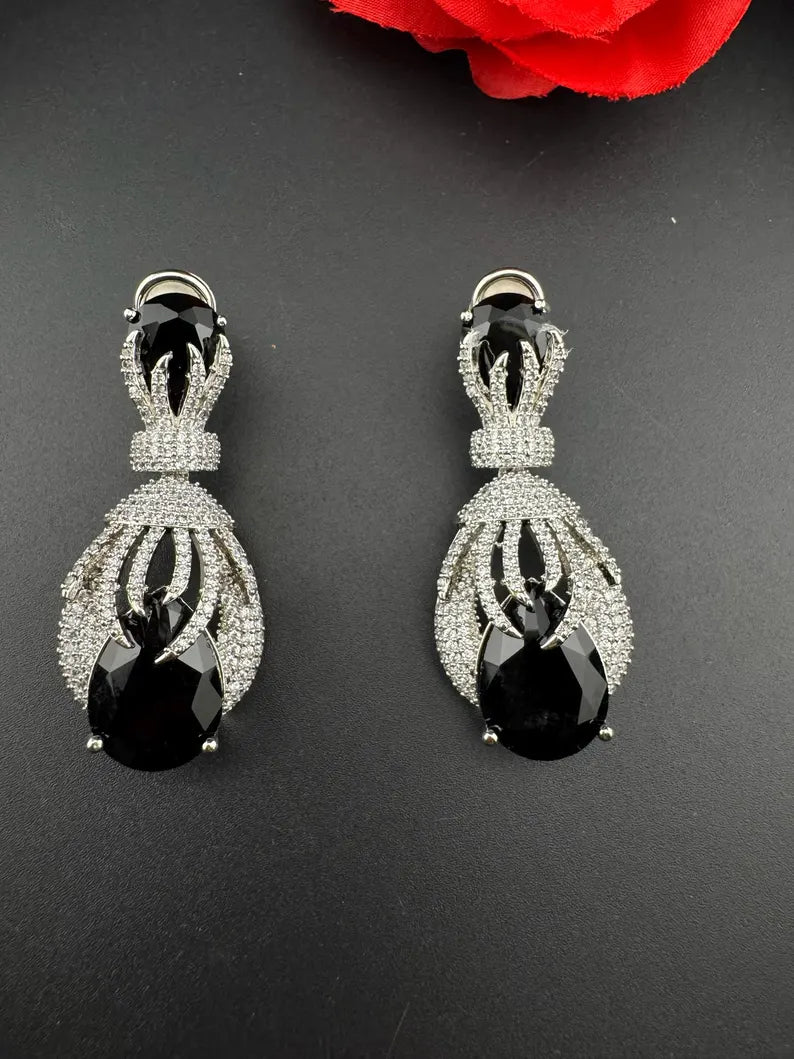 Premium Nano Setting Cubic Zirconia Chandelier earrings with Black Stone