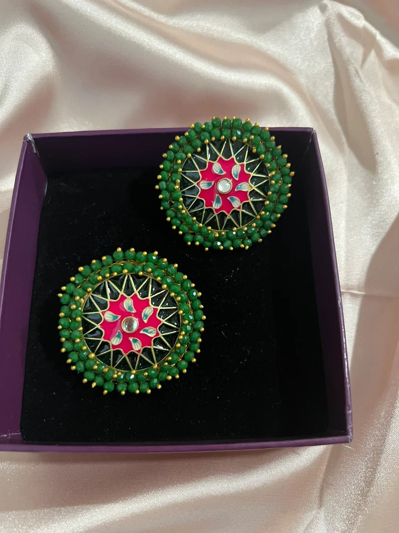 Big Stud Earrings with Green beads and Minakari