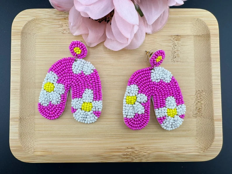 Beaded Hot Pink with flowers Quirky earring, Handmade earring