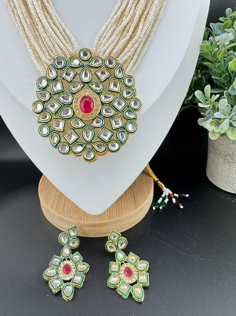 Kundan in small pearls Long Necklace set with earrings