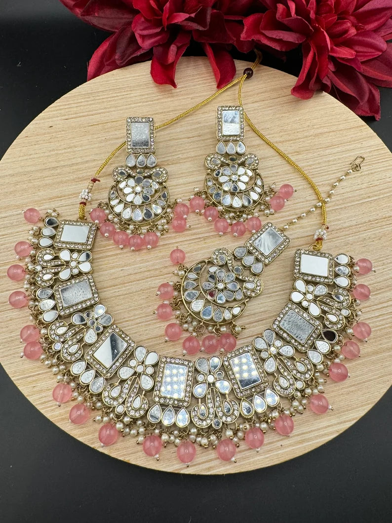 Mirror and pink pearls Necklace set with long earring and Tika