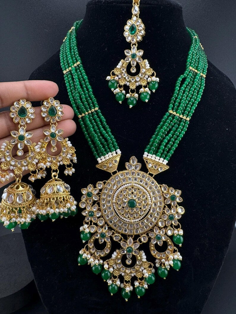 Kundan Bridal Long Necklace Set with Jhumka and Tikka