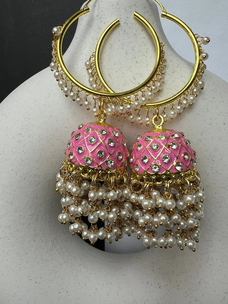 Premium Pink Jhumka Earrings with Minakari, CZ and pearls