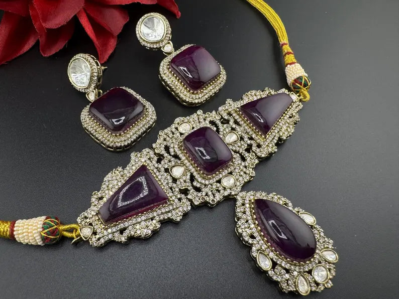 Premium Moissanite Kundan, CZ, Doublet stones Designer Choker necklace