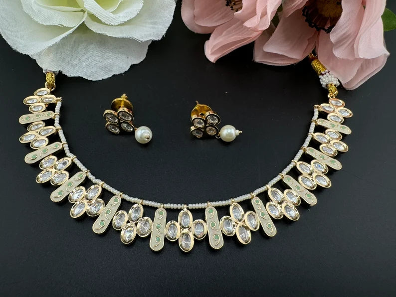 Premium Quality Tyaani Kundan, Italian Minakari Necklace with studs earring